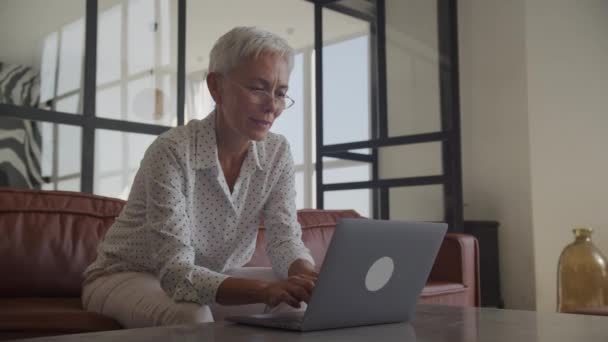 Mulher Madura Com Óculos Digitando Laptop Uma Sala Estar Moderna — Vídeo de Stock