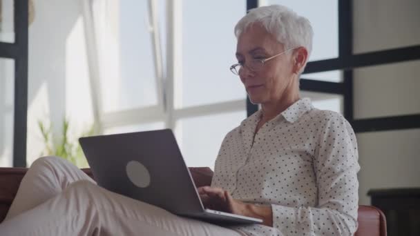 Starsza Kobieta Okularach Przeglądająca Się Laptopie Wygodnie Siedząca Jasnej Przestrzeni — Wideo stockowe
