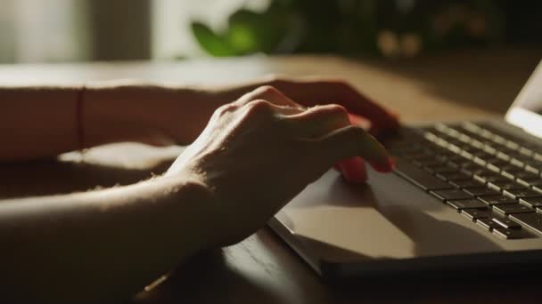 在温暖的日落光照射下 一只手在笔记本电脑键盘上打字的特写 — 图库视频影像