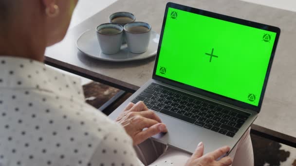 Ηλικιωμένη Γυναίκα Που Χρησιμοποιεί Φορητό Υπολογιστή Χρωματικό Κλειδί Πράσινη Οθόνη — Αρχείο Βίντεο