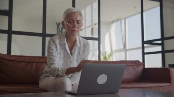 多愁善感的成熟女人 戴着眼镜 看着笔记本电脑 坐在一个有着自然光的当代办公环境中 — 图库视频影像