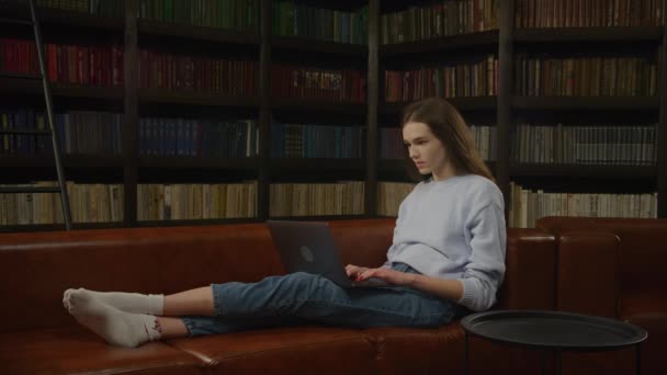 배경에 책꽂이와 아늑한 도서관 설정에서 노트북에 성공을 — 비디오