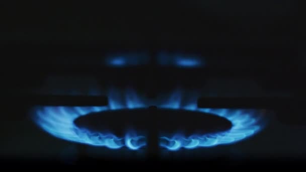 在黑暗的厨房里 煤气炉的蓝色和浅蓝色的火焰明亮地燃烧着 — 图库视频影像