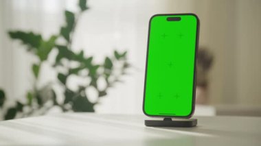 Yeşil renkli ekranlı cep telefonu bir standa monte edilmiş, kopya alanı olan kapalı alan ayarları