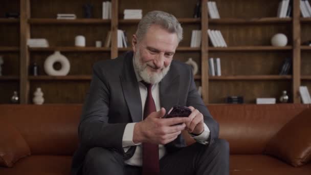 スマートフォンで勝利を祝う良いニュースを読む楽しいビジネスマン — ストック動画