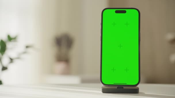 Orbiting Smartphone Green Screen Dock Copy Space Left Side — Stock Video
