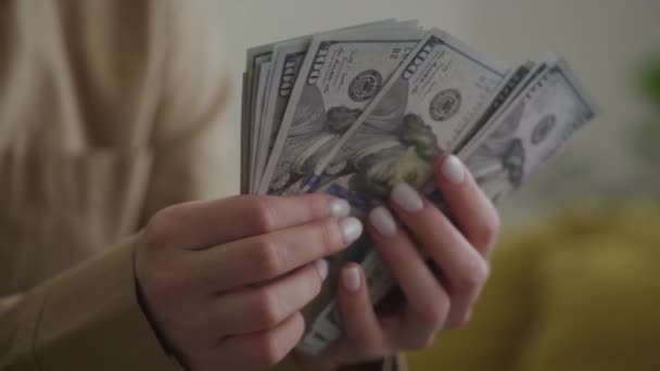 Close Woman Hands Counting Stack One Hundred Dollar Bills Symbolizing — स्टॉक व्हिडिओ