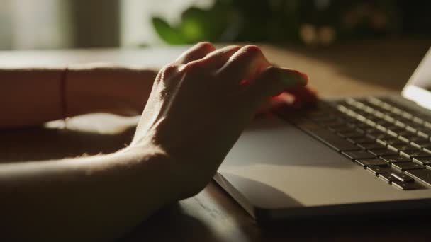 Dramatic Close Hand Browsing Laptop Touchpad Highlighted Warm Golden Sunlight — Vídeo de Stock