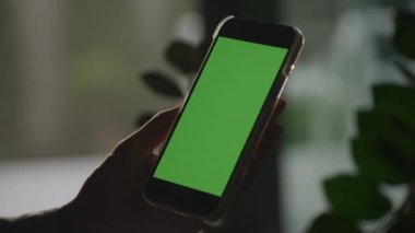 Arka planda bulanık bitki yaprakları ve doğal ışıkla aydınlatılmış yeşil bir ekranı gösteren akıllı telefonu tutan elin yakın çekimi
