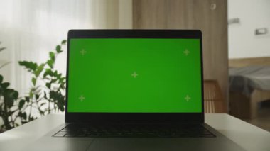 Masasında yeşil ekran tutacağı olan Dolly Zoom Laptop, arka planda kapalı ekran bitkileri