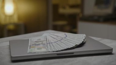 Kapalı bir dizüstü bilgisayara yerleştirilmiş yüz dolarlık banknotların hayranı, çevrimiçi kazançları ve finansmanı simgeliyor.