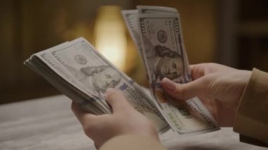Finansal işlemleri gösteren 100 dolarlık banknotları sayarken yakın plan çekimler