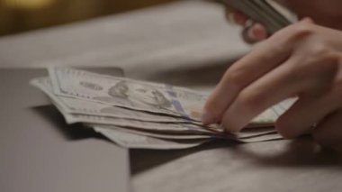 Bilgisayardaki Amerikan doları banknotlarını sayarak finansal yönetimi, işi veya çevrimiçi ödemeleri sembolize eden bir el resmi