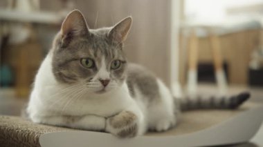 Gri ve beyaz bir kedi, yeşil gözlü, çizik yastığın dokulu yüzeyinde uzanan, dikkatlice ileriye bakan.