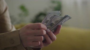 Bir kadının eli, bir yığın 100 dolarlık banknotu sayarken, zenginlik, finans ve nakit işlemlerini sembolize eder..