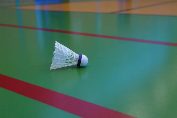 The rocket casts a shadow on the shuttlecock lying on the floor. Badminton game. Rocket shadow.