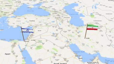 Dünya haritasında 3 boyutlu animasyon gösteren İran ve İsrail bayrakları