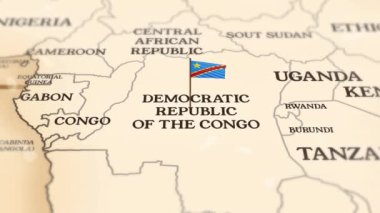 Demokratik Kongo Cumhuriyeti bayrağı dünya haritasında 3D animasyonla gösteriliyor