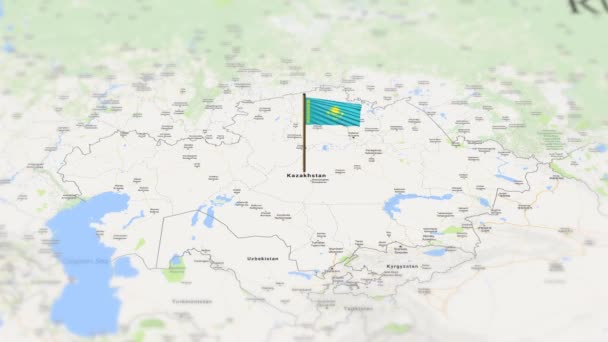 3Dアニメーションでワールドマップに表示されるカザフスタンの国旗 — ストック動画