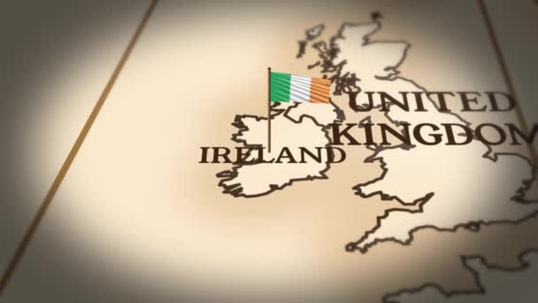 Irsko Vlajka Vyvěšená Mapě Světa Animací — Stock video