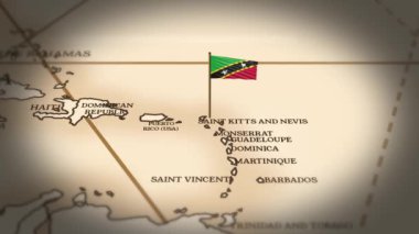 Saint Kitts ve Nevis bayrağı dünya haritasında 3D animasyonla gösteriliyor