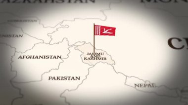 Jammu ve Kashmir bayrağı dünya haritasında 3D animasyonla gösteriliyor