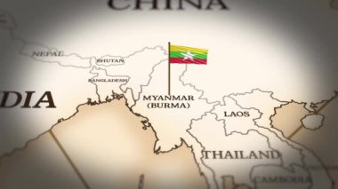 Dünya haritasında 3 boyutlu animasyonla Myanmar bayrağı gösteriliyor