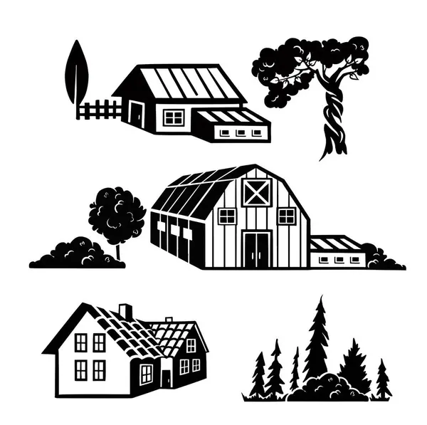 Set Für Landschaftssilhouetten Symbole Von Häusern Bäumen Scheunen Vektor — Stockvektor