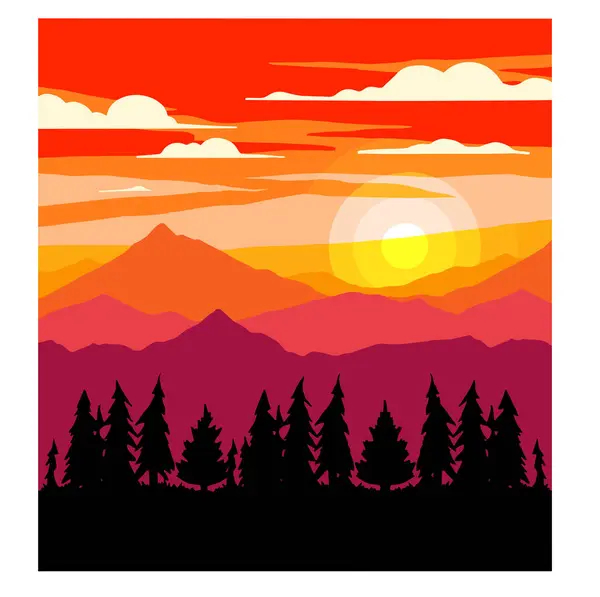 Retro Sonnenuntergang Bergwald Farbe Landschaft Mit Silhouetten Vector — Stockvektor