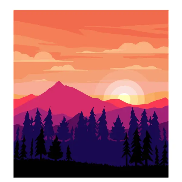 Retro Sonnenuntergang Den Bergen Mit Kiefern Farbige Landschaft Mit Silhouetten — Stockvektor