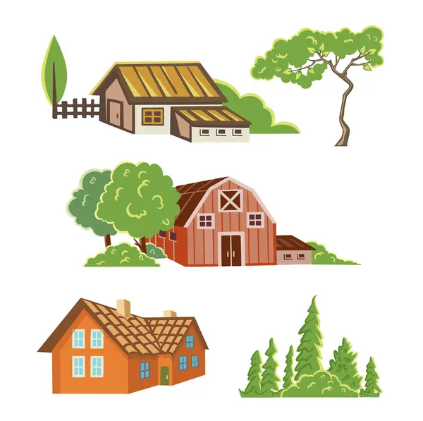Set Für Landschaft Farbig Symbole Von Häusern Bäumen Scheune Vektor — Stockvektor