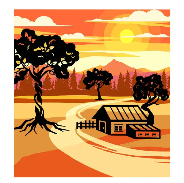 Retro Sonnenuntergang Landhaus Farbige Landschaft Mit Silhouetten Vector Illustration — Stockvektor