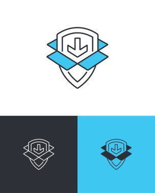 Kutulu ve kalkanlı güvenli paket teslimat sembolü. Paket ve nakliye sigorta konsepti. 3 farklı arkaplanda ürün servis vektör simgelerini emniyete al.