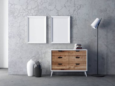 Beyaz ve mavi duvarları ve aynası olan modern iç tasarım, 3D