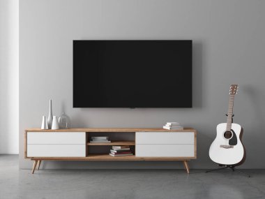 Smart Tv mock up with white acoustic guitar in modern room, 3d rendering