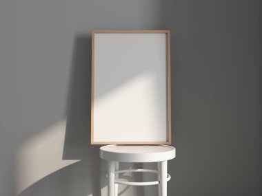 Duvara boş beyaz bir çerçeve. 3d oluşturma.