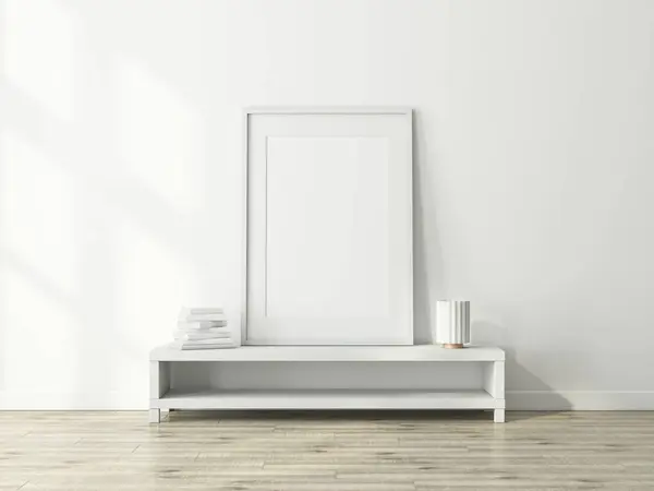 Fehér Üres Poszter Egy Fából Készült Falon Képkerettel Tetemeltakarítás Stock Kép