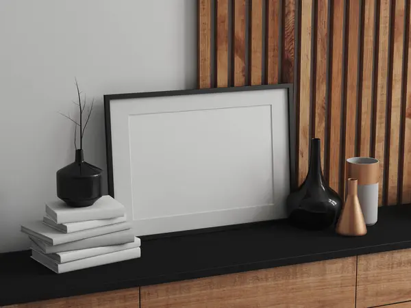 Simular Cartaz Interior Moderno Com Moldura Madeira Preto Branco Renderização Fotos De Bancos De Imagens