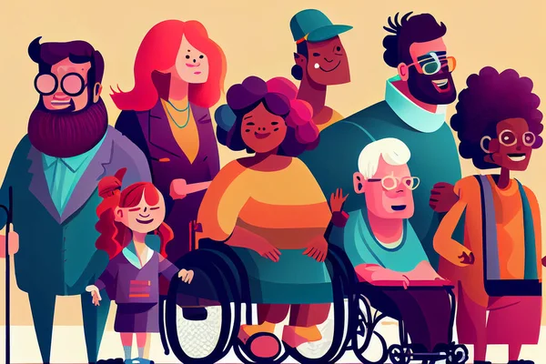 Socially diverse multicultural and multiracial people. Happy old and young women and men with children, as well as people with disabilities standing together