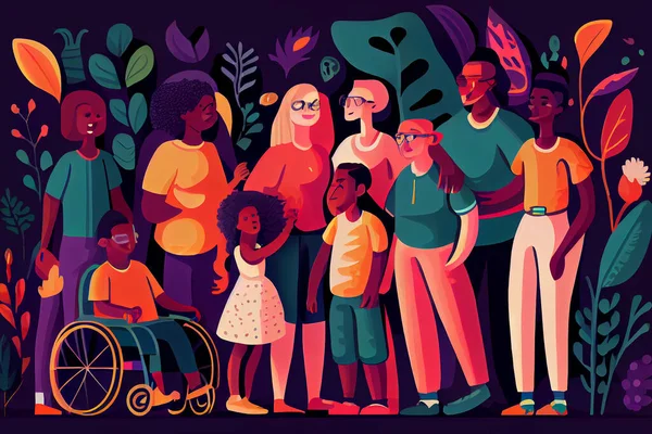 Socially diverse multicultural and multiracial people. Happy old and young women and men with children, as well as people with disabilities standing together