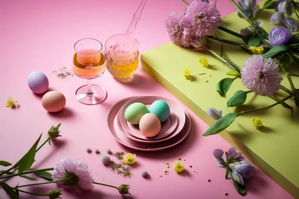 Vibrant Spring Minimalism Elegant Tabletop Arrangement Bold Colors Delicate Details Stok Foto