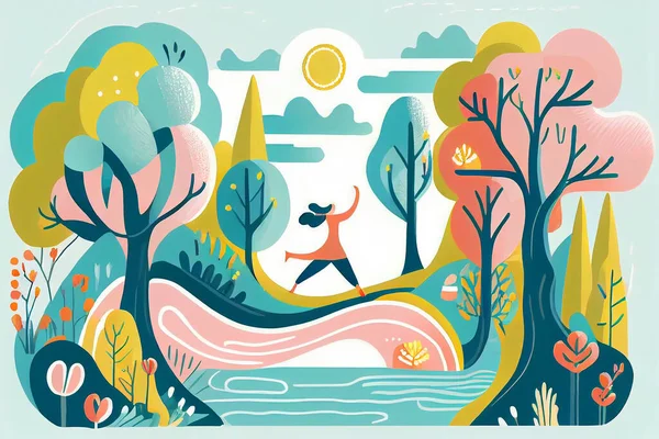 Charming Wellness and Nature Flat Cartoon Illustration with Inviting Landscape