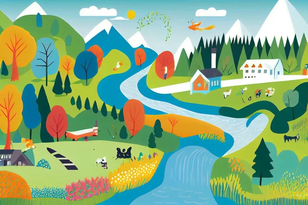 Charming Wellness and Nature Flat Cartoon Illustration with Inviting Landscape