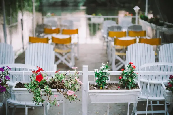 Huzurlu Göl Ayarlarına Bakan Renkli Çiçeklerle Büyüleyici Açık Bahçe Koltuğu