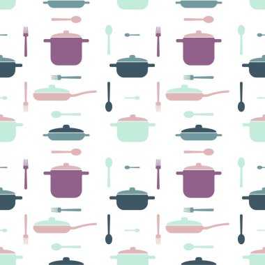 Pastel renklerde mutfak gereçleri olan kusursuz desen. Paketleme, kağıt, tasarım için. Vektör illüstrasyonu.