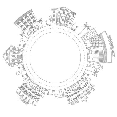 Yuvarlak çerçeve, bir şehir manzarası çizimi, çizgi sanatı tarzında yapılmış. Logo ya da amblem oluşturma elementi. Düzenlenebilir felç. Vektör illüstrasyonu.
