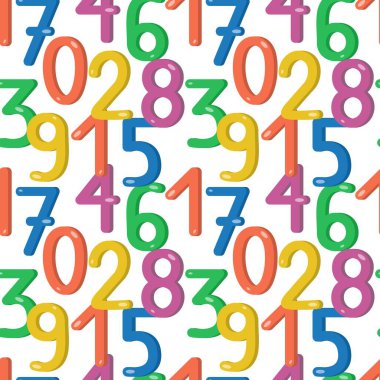 Çizgi film tarzında çok renkli sayıları olan kusursuz bir desen. Çocuklar için tasarım yapma unsuru. Kağıt, kumaş ve hatıra defteri basmak için. Vektör illüstrasyonu