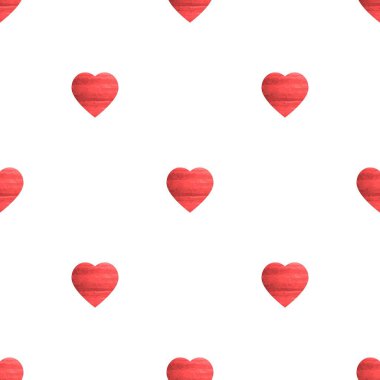 Sevgililer Günü için kusursuz desen. Suluboya dokulu şirin kalpler. Kumaş ve kağıt üzerine baskı yapmak için. Şenlikli bir iç mekan yaratıyorum. Vektör illüstrasyonu beyaz arkaplanda izole edildi.