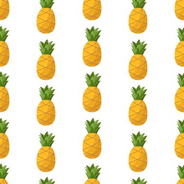 Güzel ananaslı kusursuz bir desen. Vektör illüstrasyonu beyaz arkaplanda izole edildi.