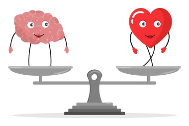 Emotional Quotient and Intelligence. Heart and Brain concept. Conflict between emotions and rational thinking. Vector illustration.